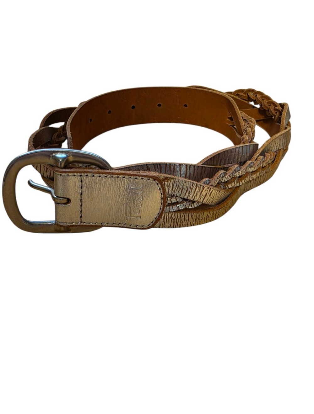 Vintage Y2K Fossil Cracked Silver Braided Leather Belt M